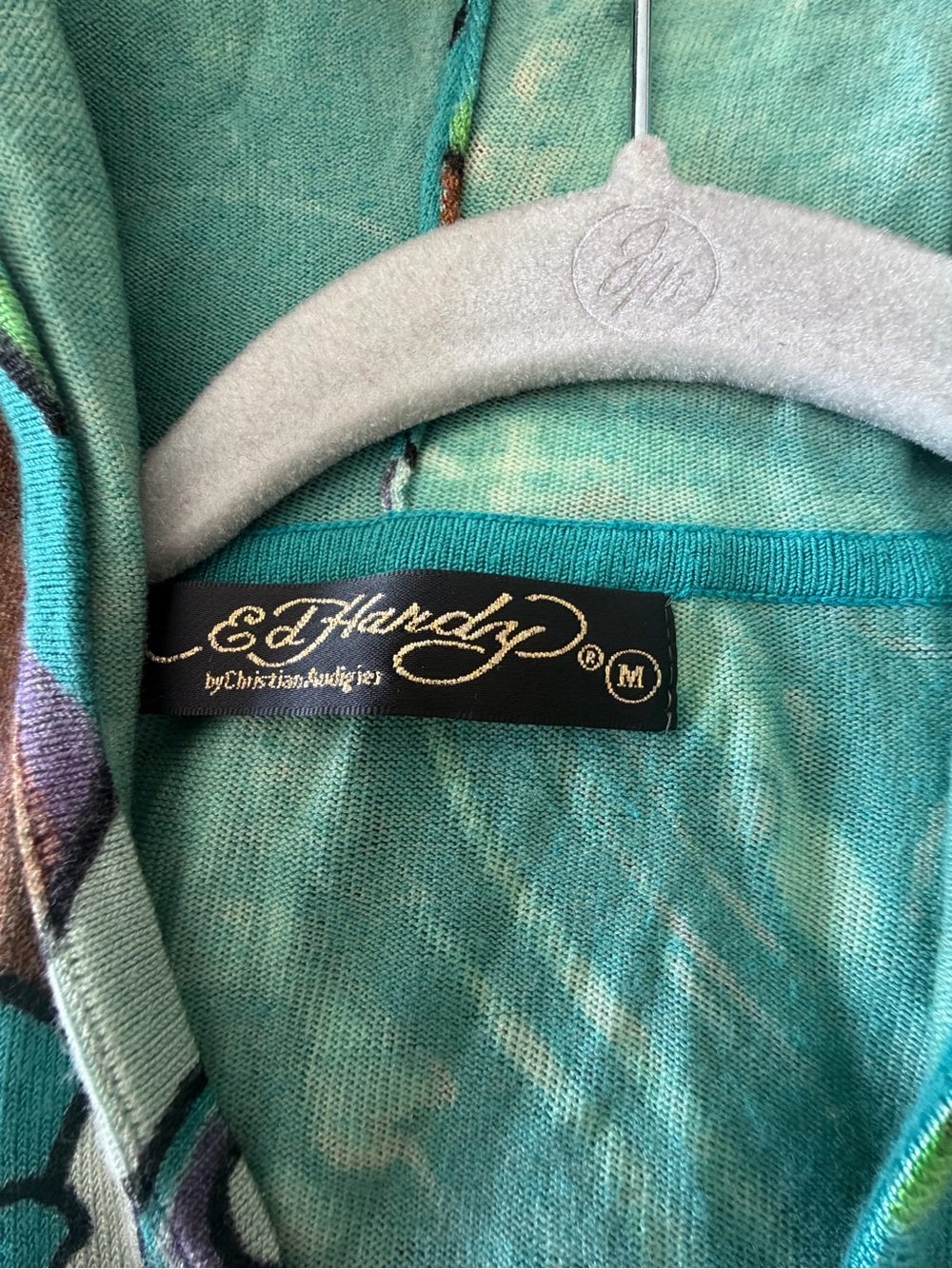 Ed Hardy Teal Hooded Graphic Top